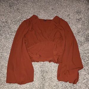 SHEIN Rust Colored Blouse Blossom Flowing Sleeves Cropped Medium
